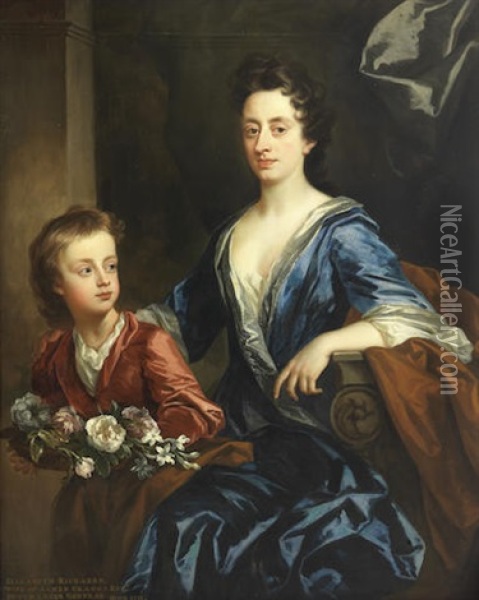 Portrait Of Elizabeth Richards, Three-quarter-length, Seated With Her Son Oil Painting - John Closterman