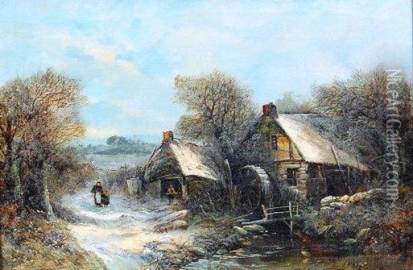 Winter Landscape With Watermill, Figures And Cottages Oil Painting - Harry Foster Newey