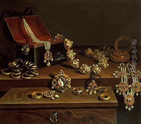 Casket of jewels on a table, principally of German Origin 1600-50 Oil Painting - Pieter Gerritsz. van Roestraten