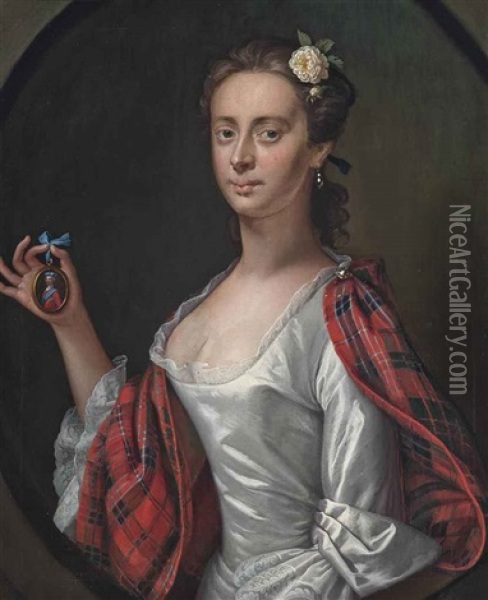 Portrait Of A Lady, Believed To Be Jenny (jean) Cameron, Half-length, In A White Dress And Tartan Wrap, Holding A Miniature Of Bonnie Prince Charlie... Oil Painting - Jeremiah Davison