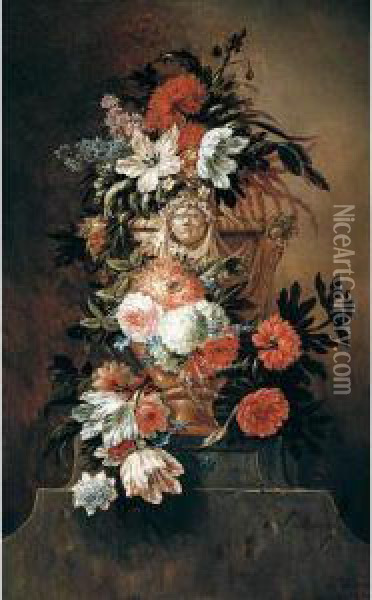 A Still Life Of Tulips, 
Chrysanthemums, Roses, Poppies And Stocks In A Sculpted Stone Urn Upon A
 Plinth Oil Painting - Jan-baptist Bosschaert