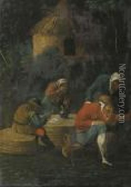 Peasants Drinking And Smoking By An Inn At Night Oil Painting - Adriaen Brouwer