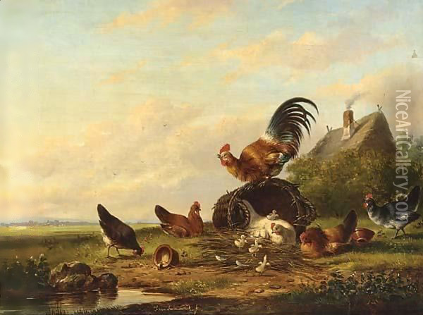 Chickens And A Cockerel In A Landscape Oil Painting - Franz van Severdonck