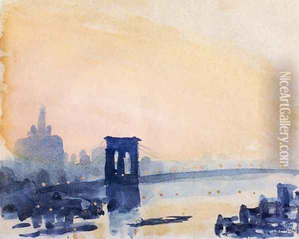 Brooklyn Bridge, Lighting Up Oil Painting - Joseph Pennell