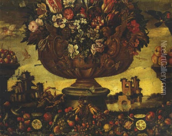 Mixed Flowers In A Sculpted Urn With Fruit On A Ledge, A View To A Ruin Beyond Oil Painting - Jacopo Ligozzi
