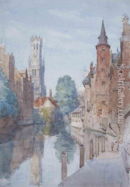 The Belfry, Bruges Viewed From The River Oil Painting - Henry Charles Brewer