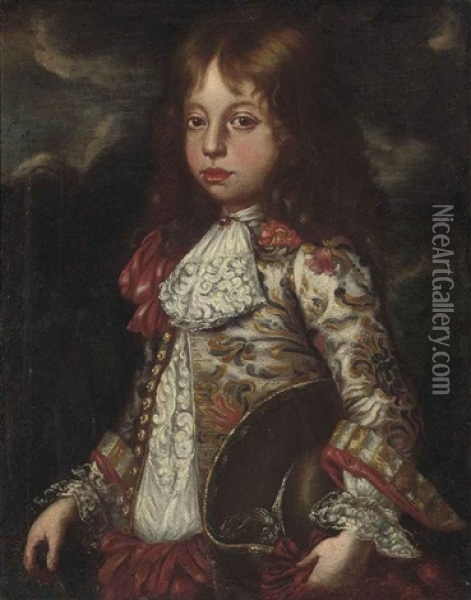 Portrait Of A Young Boy In A Lace Trimmed Embroidered Coat, A Hat Under His Left Arm Oil Painting - Vittore Giuseppe Ghislandi (Fra' Galgario)