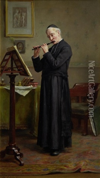 Cleric Playing The Flute Oil Painting - Charles Baptiste Schreiber