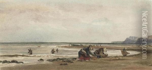 Seaweed Gatherers On The Shore At Redcar, Yorkshire Oil Painting - Peter de Wint
