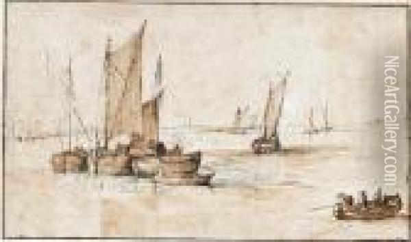 River Estuary With Sailing Barges Off Shore Oil Painting - Jan The Elder Brueghel