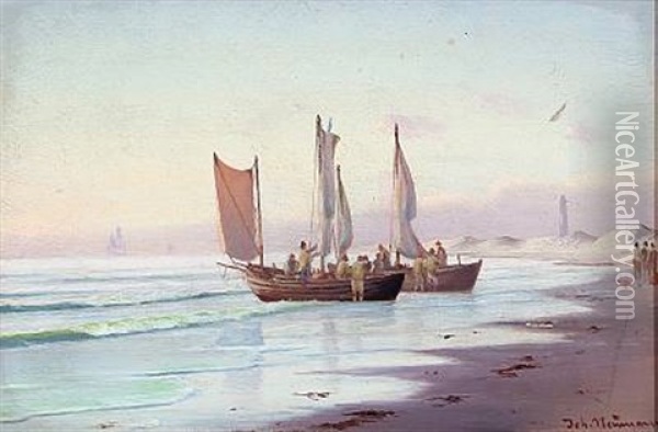 Beach Scenery With Fishermen Oil Painting - Johan Jens Neumann