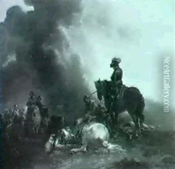 An Officer On Horseback Challenging A Foot Soldier. Oil Painting - Francesco Giuseppe Casanova