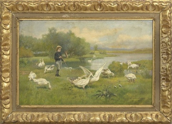 Boy Playing With Geese Along The Riverbank Oil Painting - Luigi Chialiva