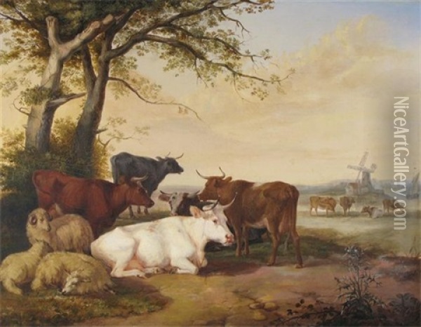 Cattle And Sheep In A Landscape, A Windmill Beyond Oil Painting - Henry Park