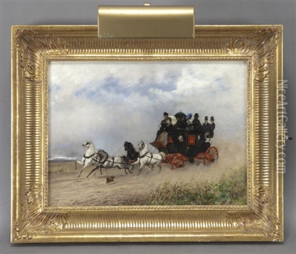 Family Traveling By Stagecoach Oil Painting - Carlo Pittara