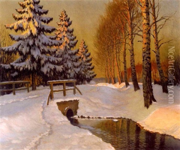A Winter Landscape With A Stream And A Bridge At Sunrise Oil Painting - Mikhail Markianovich Germanshev