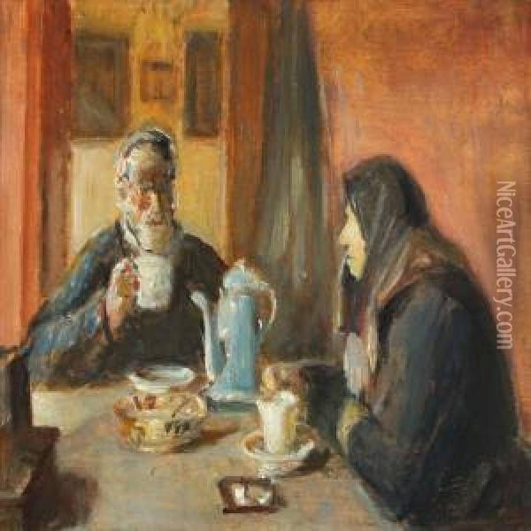 Interior With Couple Drinking A Cup Of Coffee Oil Painting - Michael Ancher