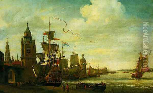A capriccio view of the port of Antwerp 1673 Oil Painting - Jan Karel Donatus van Beecq