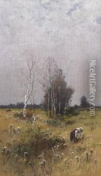 Reisigsammlerin In
 Moorlandschaft. Oil Painting - Roman Kochanowski
