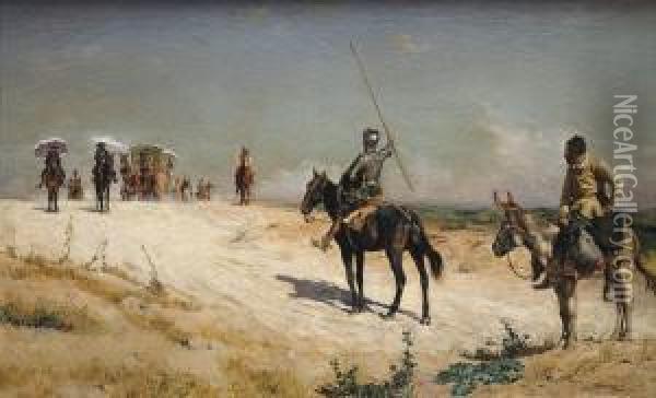 Don Quijote Y Sancho Panza Deteniendo La Caravana Oil Painting - Jose Moreno Carbonero