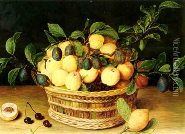 Still Life Of Fruit In A Woven Basket On A Ledge With A Lemon Oil Painting - Jacob van Hulsdonck