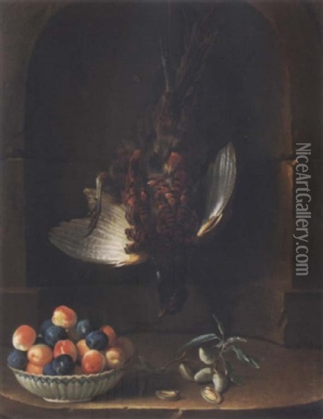 Still Life With A Pheasant And A Chinese Bowl With Plums In A Stone Niche Oil Painting - Jean-Baptiste Oudry
