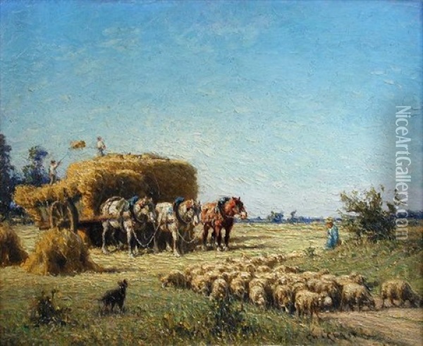 Harvest Scene With A Cart Being Loaded Oil Painting - Charles H. Clair