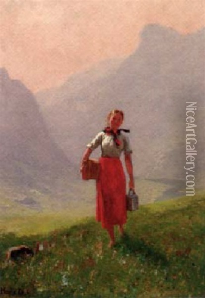 A Milkmaid In The Mountains Oil Painting - Hans Dahl