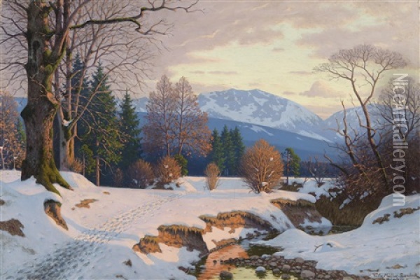 Open Winter Landscape In The Evening Light Oil Painting - Fritz Mueller-Landeck