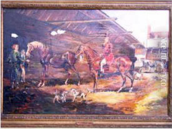 Stable Scene With Figures, Horses And Hounds Oil Painting - James Ward