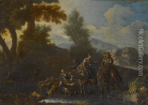 Bauernpaar Zu Pferd Mit Hirten, Schafen Und Einer Ziege Oil Painting - Willem Schellinks