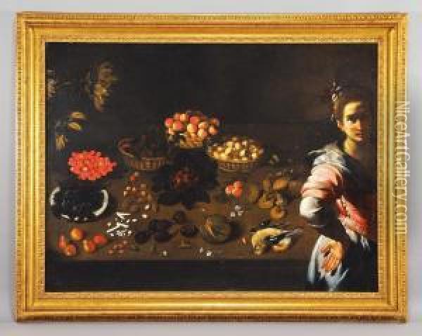 Figura Femminile E Grande Tavolo Con Natura Morta Oil Painting - Bernardo Strozzi