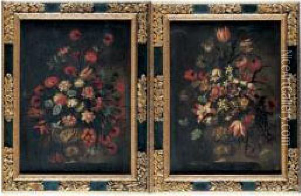 Bouquets De Fleurs Dans Des Vases Ornes Oil Painting - Juan De Arellano