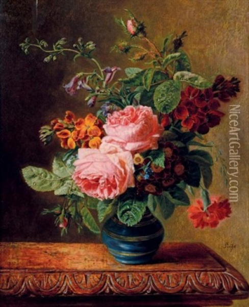 Bouquet De Fleurs Dans Un Vase Pose Sur Un Entablement Oil Painting - Jean-Pierre Lays