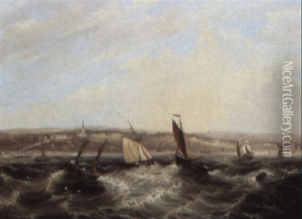 Ryde, Isle Of Wight, From The Sea, The Portsmouth Ferry Steamer Offshore Oil Painting - Frederick Calvert