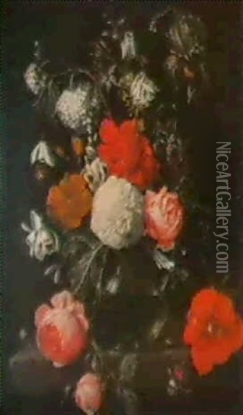 Bouquet De Fleur Dans Un Vase En Verre Pose Sur Un          Entablement Oil Painting - Cornelis De Heem