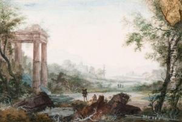 Figures Near A Ruin In An Italianised Landscape Oil Painting - Abraham Rademaker