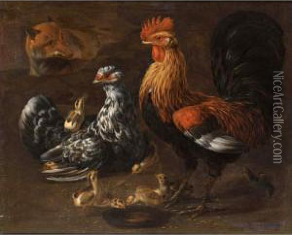 Bantams Surprised By A Fox Oil Painting - Pieter Van Boucle