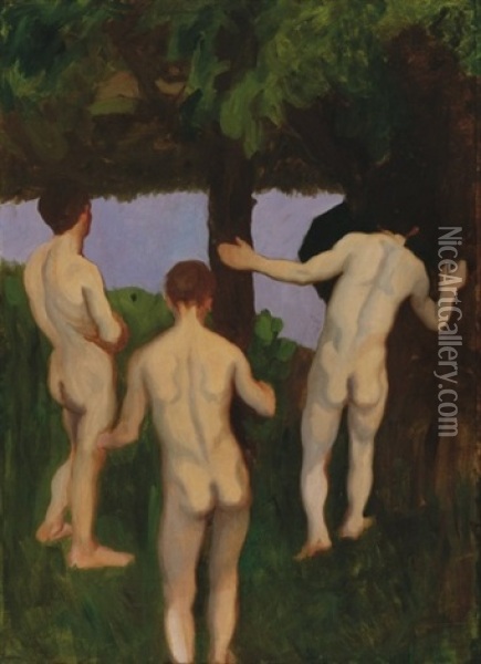 Est (furdozo Ferfiak) (evening - Bathing Men) Oil Painting - Karoly Ferenczy