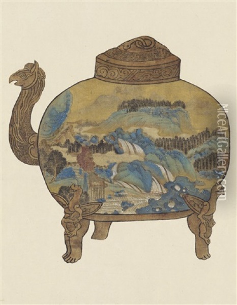Wen Qiqiu A Pot With Landscape Painting Oil Painting -  Wen Qiqiu
