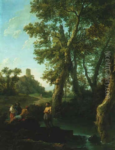 Classical River Landscape With Fishermen And A Woman Resting By Rocks Oil Painting - Andrea Locatelli