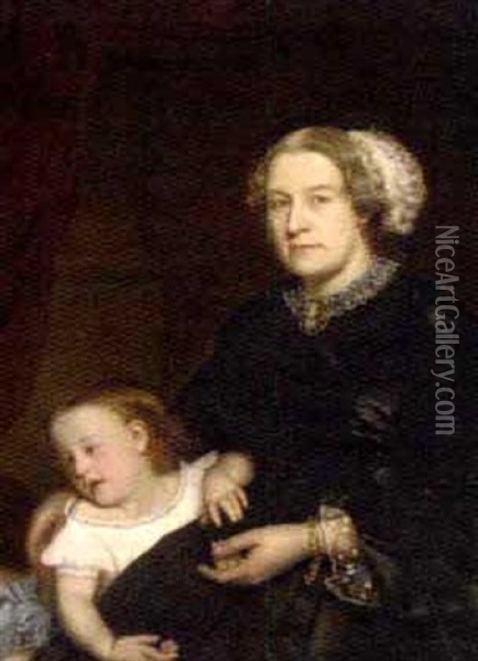 Portrait Of Mother And Child Seated, The Mother In A Black Dress With Lace Trimming, Her Daughter By Her Side Oil Painting - Hugh Collins