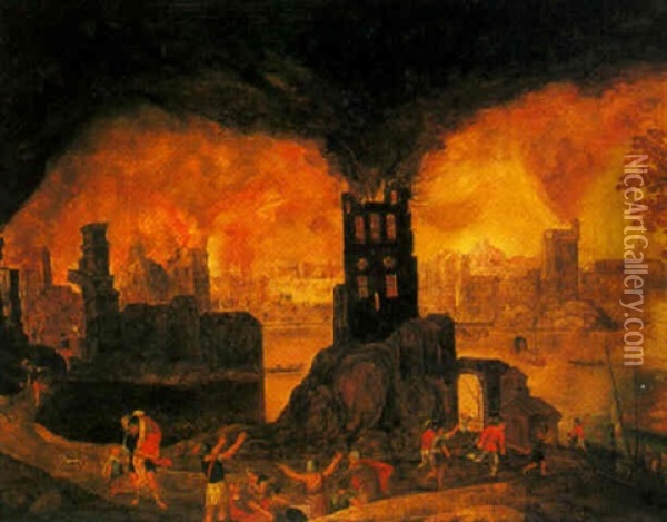 Aeneas And Anchises With The Burning Of Troy Beyond Oil Painting - Daniel van Heil