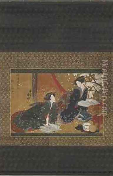 Two geisha reading from a book Oil Painting - Gakutei Harunobu
