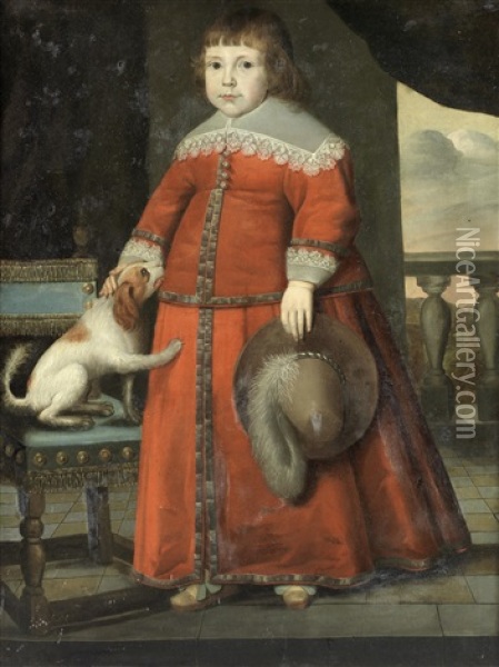 Portrait Of A Boy, Full-length, In Red Costume, Standing Beside A Spaniel On A Terrace Oil Painting - Wybrand Simonsz de Geest the Elder