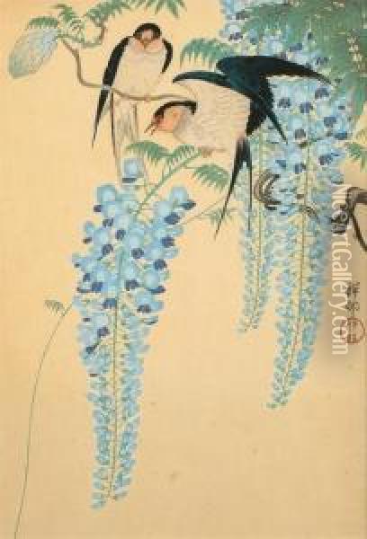 Two Barn Swallows On A Flowering Wisteria Oil Painting - Ohara Koson