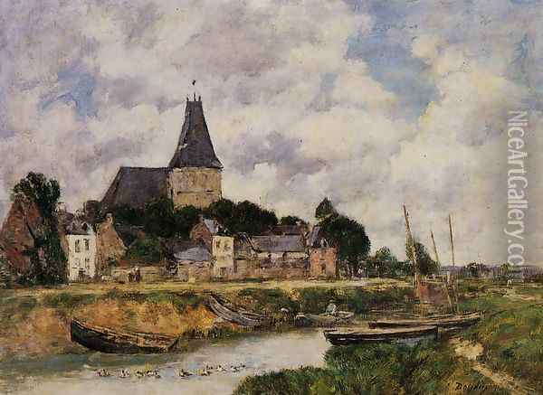 Quillebeuf, View of the Church from the Canal Oil Painting - Eugene Boudin