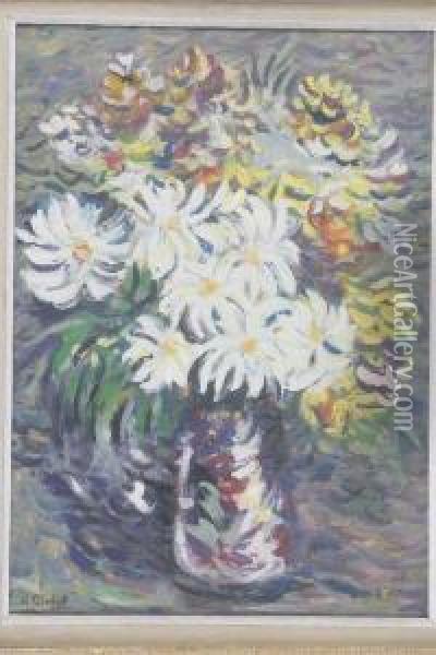 Vase De Fleurs Blanches Et Jaunes Oil Painting - Nicolas Tarkhoff