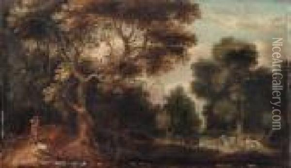 A Wooded River Landscape With A 
Traveller And A Dog On A Path,cattle Watering And Figures Resting, A 
Church Beyond
Signed With Initials 'g. Dh' ('dh' Linked) Oil Painting - Gillis Claesz De Hondecoeter