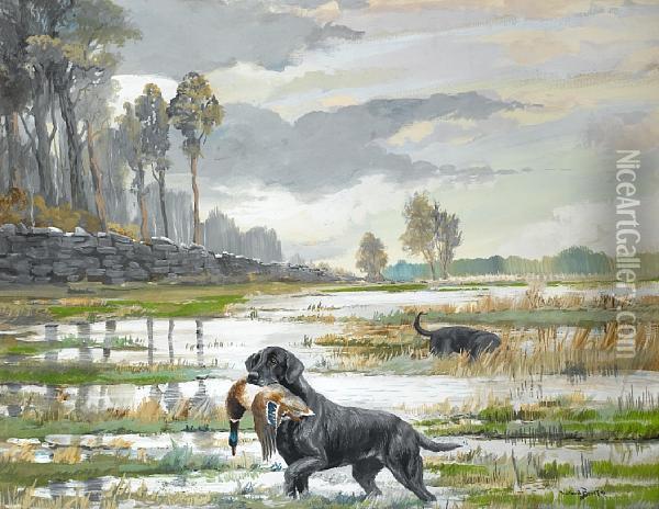 Black Retriever With Duck Oil Painting - Binks, R. Ward